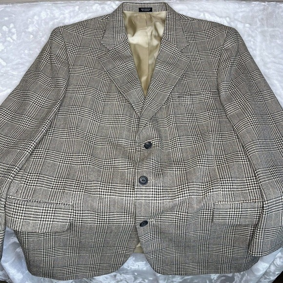 Casual Options Blue Houndstooth Plaid Silk Wool Blend Single Breasted Blazer - Picture 2 of 9